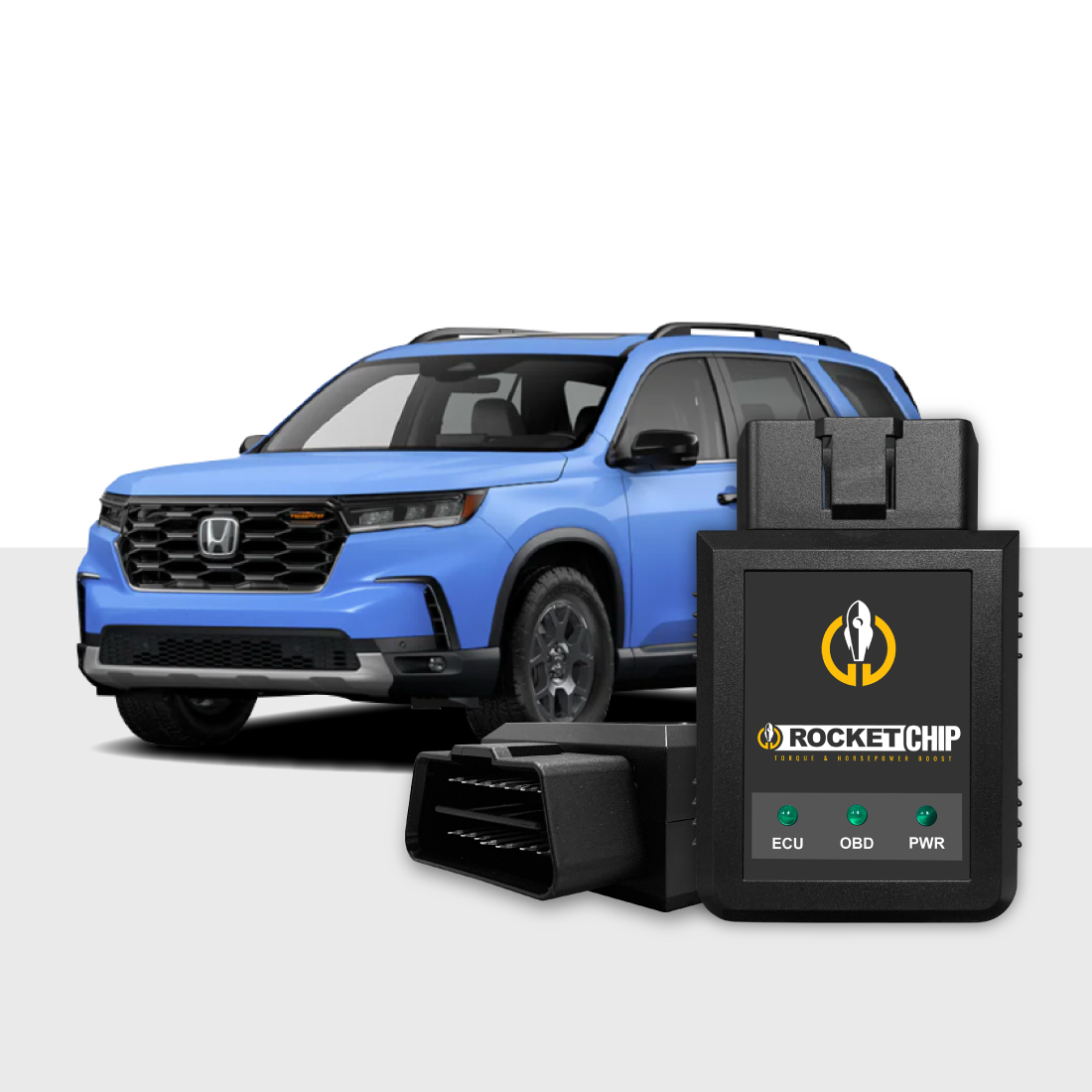 Blue Honda SUV with a Rocket Chip performance chip, that is black in color