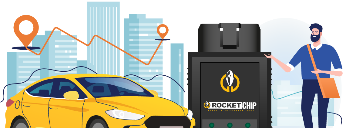 RocketChip-enhancing-car-performance-with-Rocket-Chip-yellow-car-cartoon-with-buildings-and-man